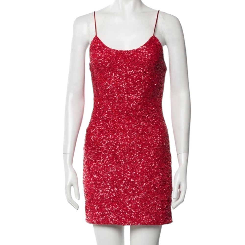 Alice & Olivia Red Stretch Knit Sequin Strap Mini Dress